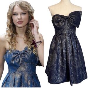 Taylor Swift Rebecca Taylor Navy Blue & Silver Strapless Bow Formal Dress